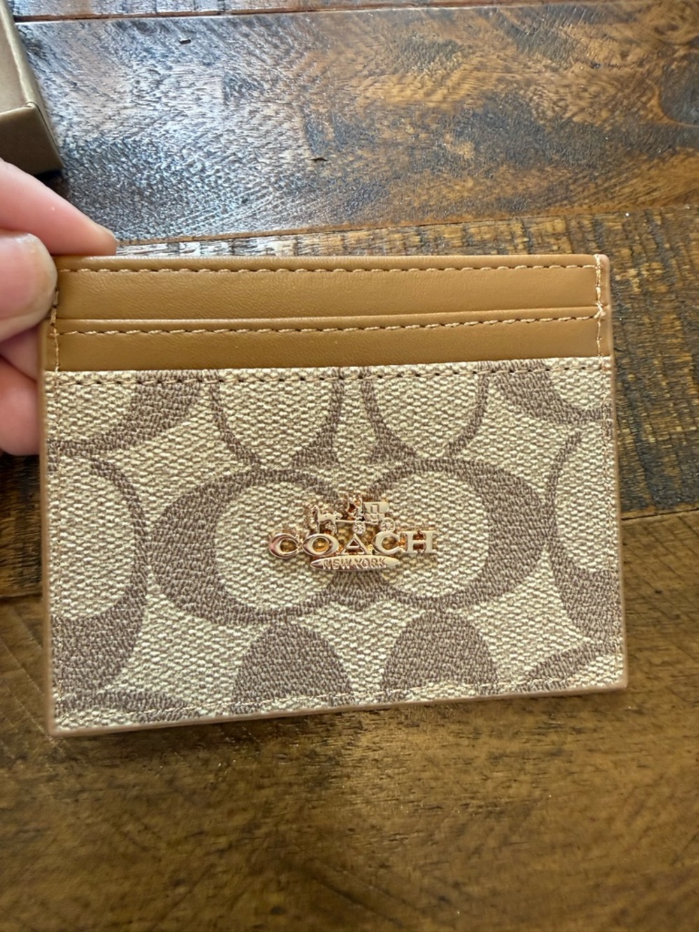 Coach Beige/Tan Signature Canvas Card Holder with Gold Logo